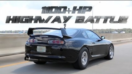 1100+HP NighTTmare Mustang battles NASTY Supra – 180mph race!