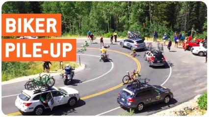 Cyclist Pile Up After Guy NAILS The Side Of Support Car!