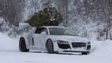 Envision R8 Drifting in Snow with Christmas Tree On Roof