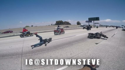Freeway Wheelie On A Motorcycle Goes Bad – Full Yard Sale!