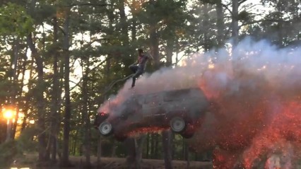 Man Drives SUV Through Huge Fire Onto a Lake WHILE Jumping Out!