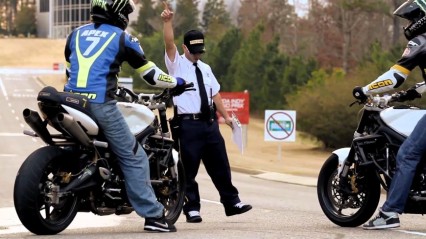 Motorcycle Drifters Take on Security Guard