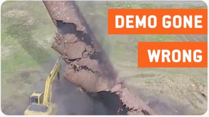 Smokestack Demolition Falls On Excavator | Extremely Close Call