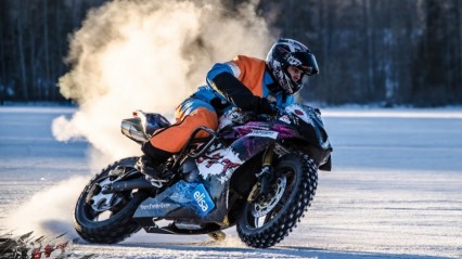 Street Bike BATTLES A Rally Car and Snowmobile ON ICE