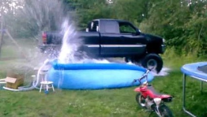 Super Chevy Truck Eats a Brand New Blow Up Pool