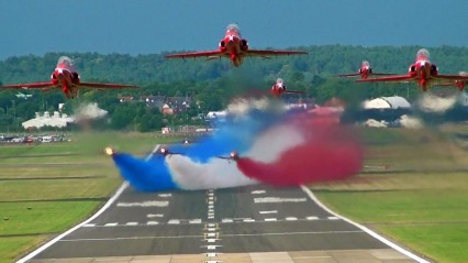 The Awesome Red Arrows Jets Takeoff with Multi Colored Smoke!