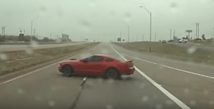 Mustang Goes OFF On-Ramp, has Near Miss with Semi
