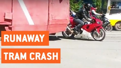 Runaway Tram CRASHES Into Motorcyclist | FAIL