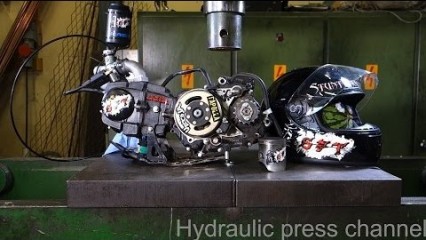 Hydraulic Press Crushing Running 4-Stroke Motor and Motorcycle Helmet