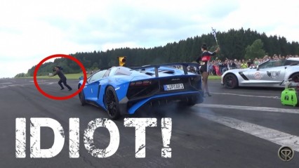 Idiot Almost Get’s Ran Over By Lamborghini – Expensive Game Of Frogger