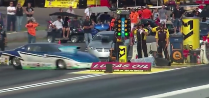 NHRA style rules not looking so bad after all, Top Sportsman Pontiac Firebird wipes out the staging tree