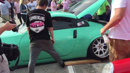 Has the trend of being “low” gone too far? Nissan 350Z gets stuck on a bump in the road