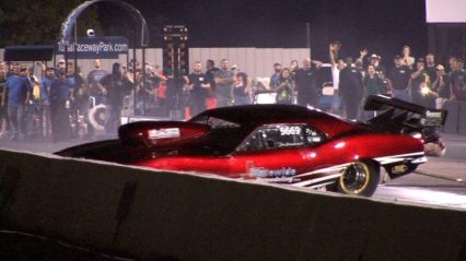 Nitrous Camaro takes hard right and hits the wall, Driver is OK