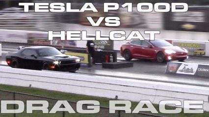 Tesla Model S P100D vs Dodge Challenger Hellcat on Drag Radials
