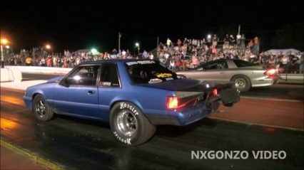 Twin turbo Pontiac Trans Am drags bumper down the track