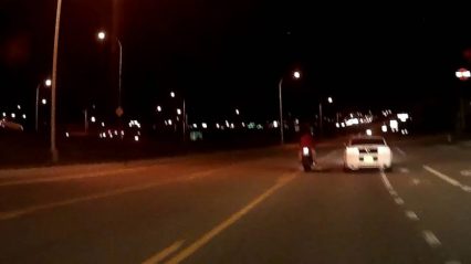 Ford Mustang slams into man on a motorcycle, hit and run!
