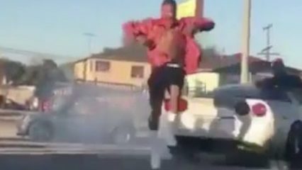 Rapper YG almost gets hit by a sliding Corvette in Compton