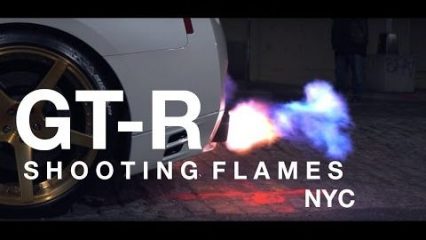 This fire breathing GTR has the craziest exhaust system we have ever heard! Loud backfires!