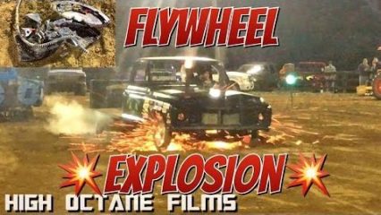 Truck tug of war turns into a flywheel exploding into a million pieces