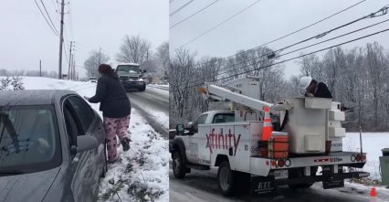 Comcast Repair Trucks Cause Multiple Car Crashes on Snow Filled Road