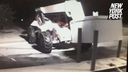 Thieves use a giant forklift to steal an ATM