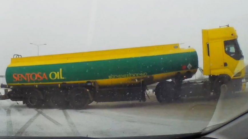 Oil Tanker Rear Ends Driver in Sketchy Snow Crash