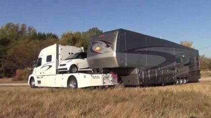 RV Hauler Jackknifes with Smart car and 45 Foot 5th wheel