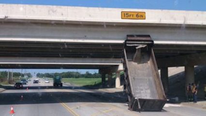 7 Dump Trucks Hitting Bridges and a Sign with their Beds Up