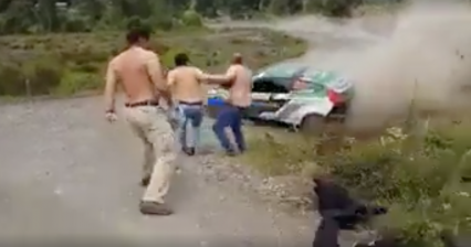 Rally Hooligans Nearly Get Hit by a Rally Car