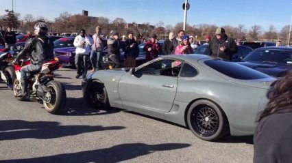 Sport Bike Revs vs Supra Anti-Lag Draws HUGE Crowd! Look At All The Cell Phones