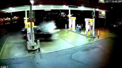 Uber Slams Through Gas Station Causing Huge Fire! Miraculously, The Driver and Passenger Survived.