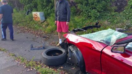 Epic car crash mustang soft top guy walked away