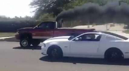 Sleeper Dodge Cummins Smokes Twin Turbo Coyote Mustang!