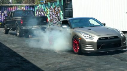 800hp GTR Chained to Pickup Truck Attempts Burnout