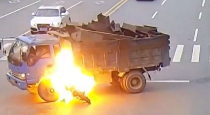 Fireball Erupts When Motorcycle Slams into Dump Truck, Man Miraculously Survives!