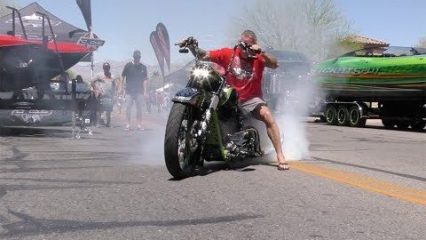 Gorgeous Custom Harley Davidson Doing Burnouts, But Rider has Flip Flops On…