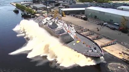 US Navy Launches New Warship Sideways Into The Water