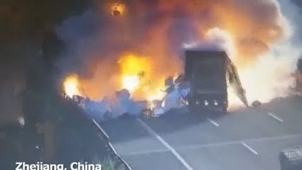 VIOLENT Explosion Goes Off When Big Truck is HIt on The Freeway!