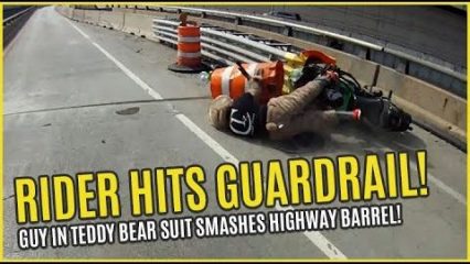 Teddy Bear Motorcycle Rider Loses Concentration and Crashes Into Gaurdrail.