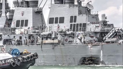 US Navy Ship USS John S. McCain Limps Into Singapore Naval Base After Collision