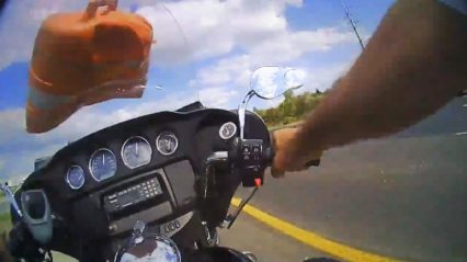 Motorcycle Cop Hits Cone at 90 MPH After Spotting A Speeding Truck.