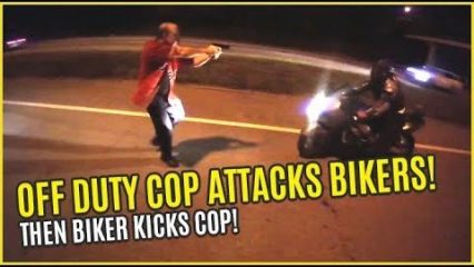 Off-Duty Cop Attacks Bikers… Biker Fights Back And Kicks The Cop!
