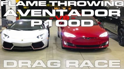 Flame Throwing Lamborghini Aventador vs Tesla Model S P100D Ludicrous Drag Racing