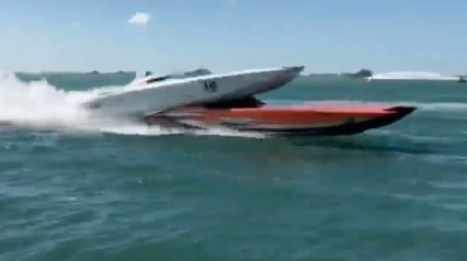 Racing Cigarette Boat Ramps off Another Boat, Crashes Upside Down