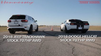 “Hellcat” Jeep vs Hellcat Challenger Widebody Drag Race