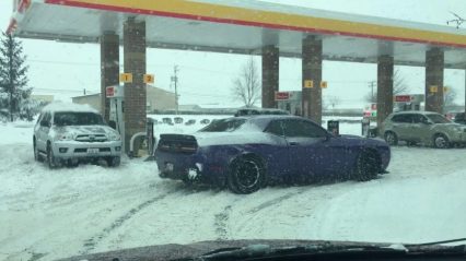 Hellcat has a Heck of a Hard Time Getting to Snow Covered Gas Station…