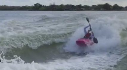 Two Boaters Approach Kayaker From Both Sides and Send Him for a Wild Ride