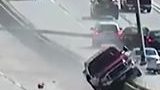 Ford Truck Takes Out Light Poles As He Drives Down The Center Divider!