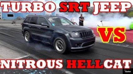 Turbo SRT8 Jeep vs Nitrous Fed Hellcat Chalenger – 1/4 mile Drag Race!