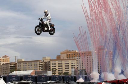 Travis Pastrana Just Broke Evel Knievel’s Record Jump Live in Vegas.